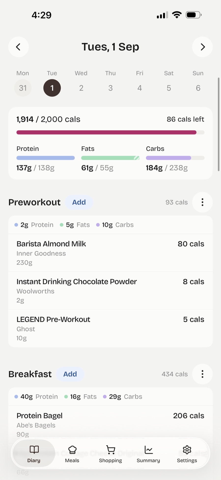 Screenshot of the Scoff app diary showing a day's logged meals and calorie progress
