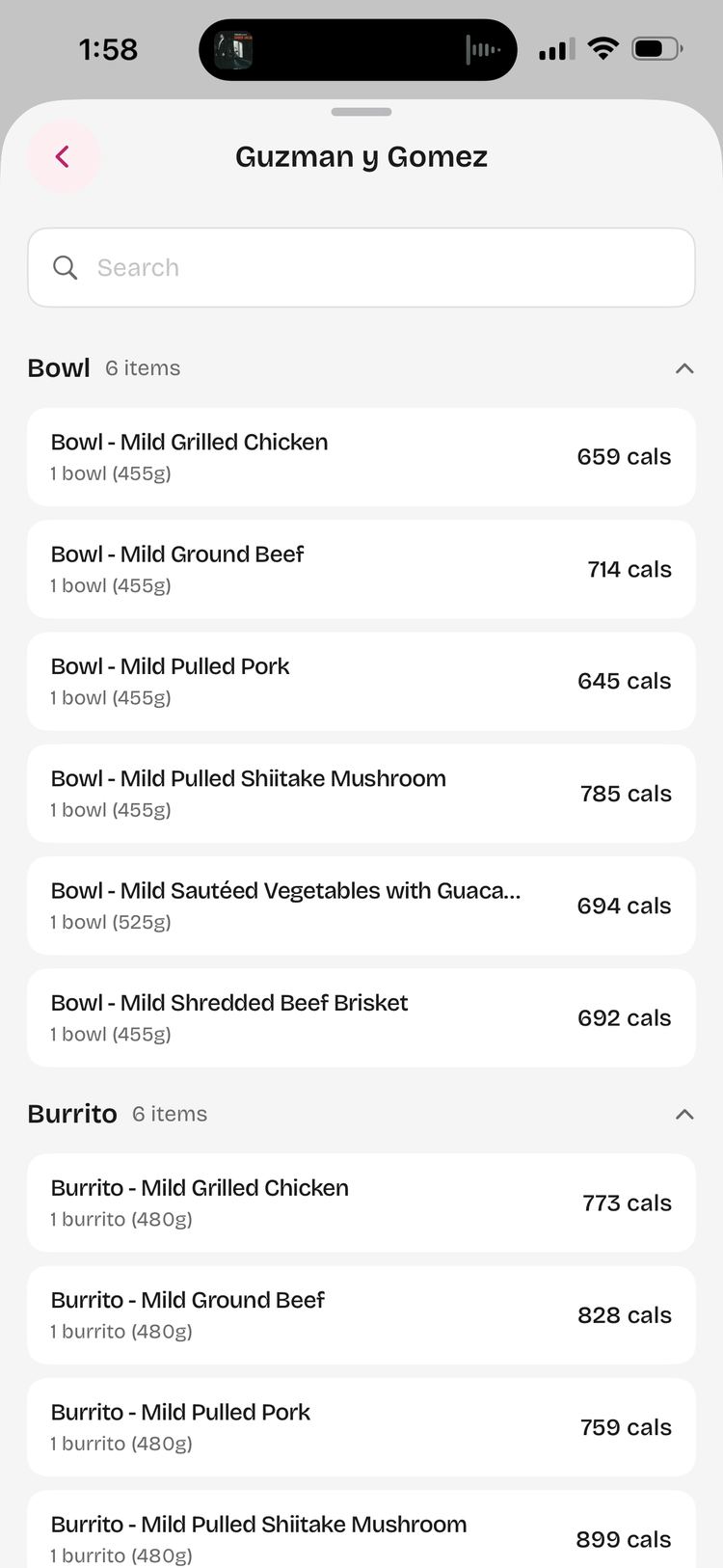 Screenshot of the Guzman y Gomez restaurant menu in Scoff