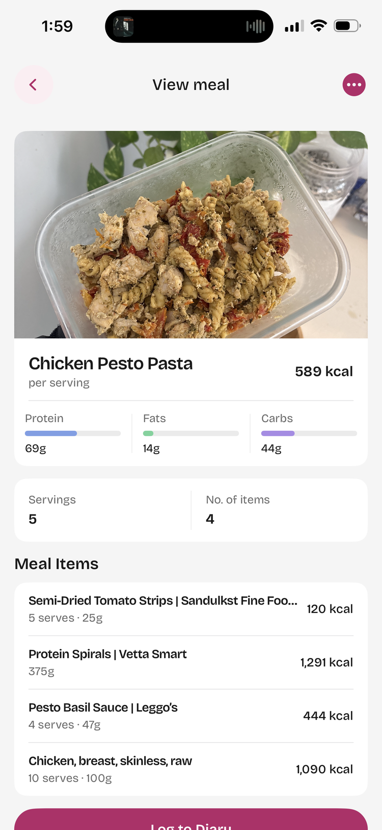 Screenshot of a saved meal in Scoff showing calories and macros