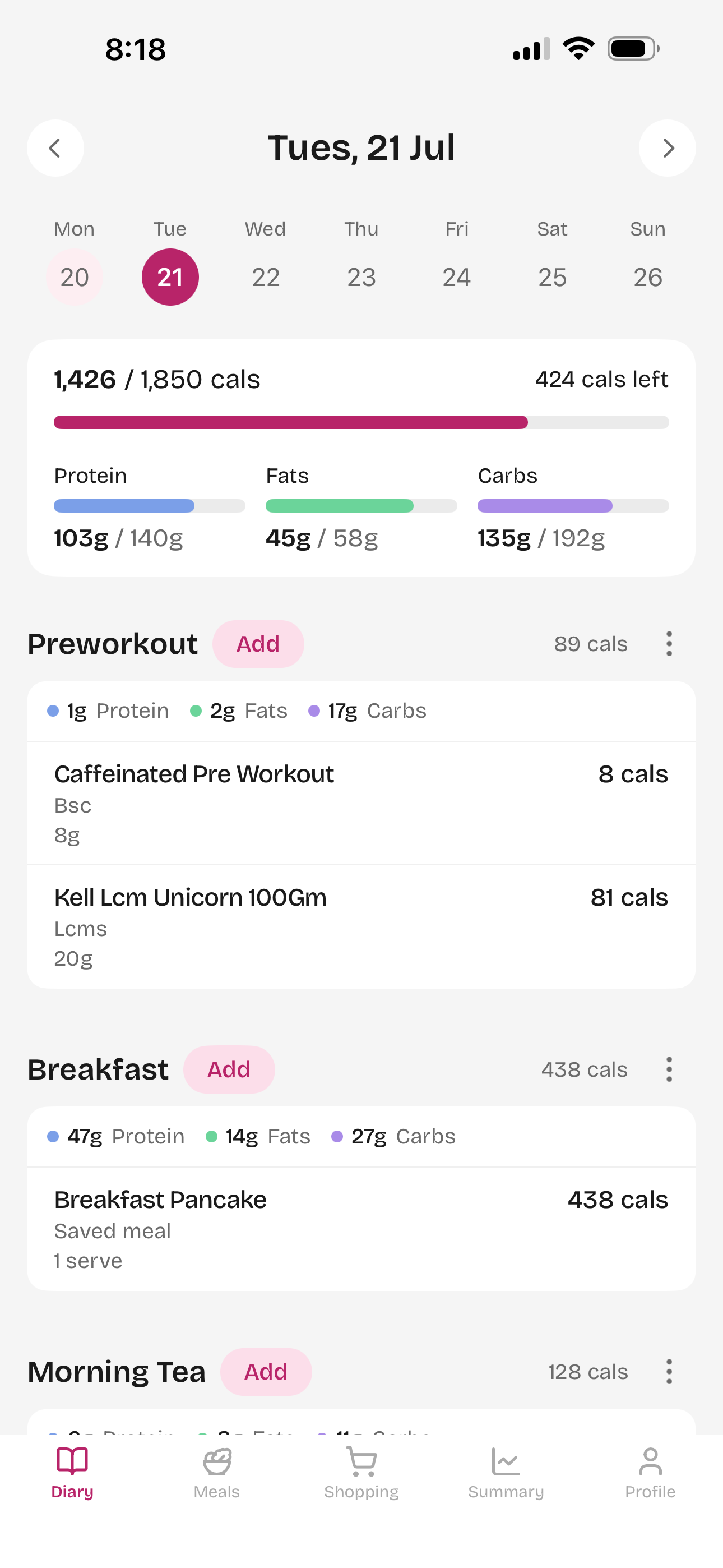 Screenshot of the Scoff app showing a day's logged meals and calorie progress