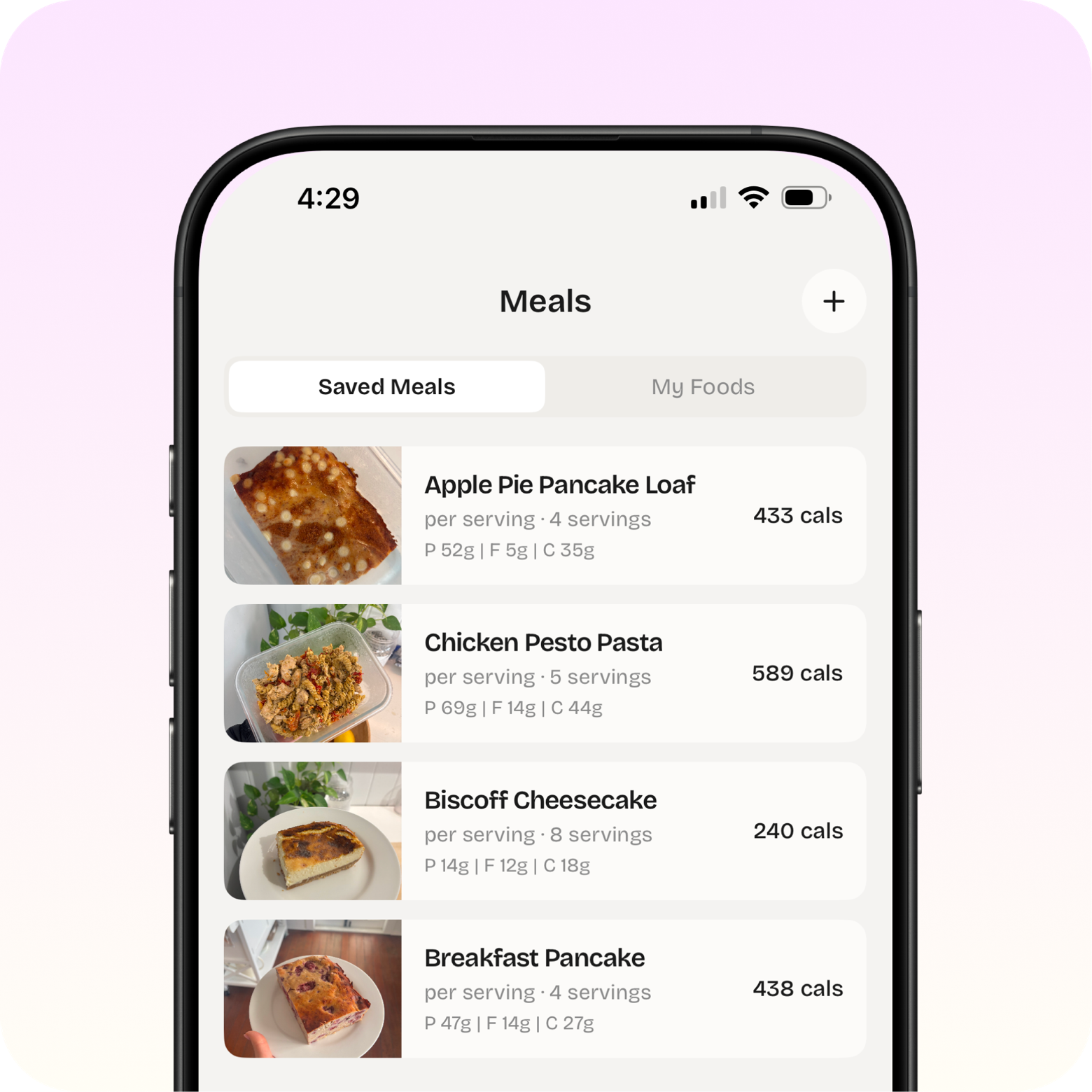 Screenshot of the Saved Meals tab in Scoff, showing meals like Chicken Pesto Pasta and Biscoff Cheesecake with photos, servings and macros